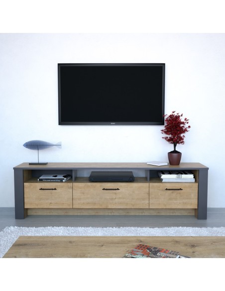 Mueble de TV PHILIPPA, biIaminado roble con gris oscuro, 180 cms.