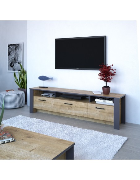 Mueble de TV PHILIPPA, biIaminado roble con gris oscuro, 180 cms.