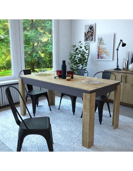 Mesa de comedor PHILIPPA, biIaminado roble con gris oscuro, 160 x 80 cms.