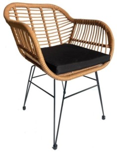 Sillón KUALA, metal, ratán beige, cojín negro