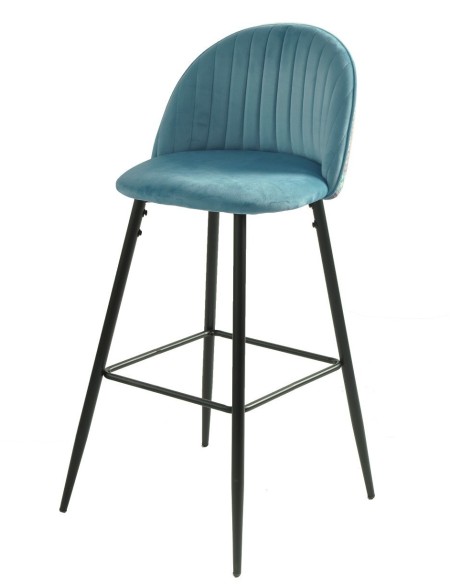 Taburete PALM SKY BLUE, metal, tapizado velvet azul con trasera palm