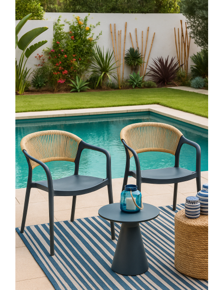 Sillón IBIZA, apilable, tratamiento anti UV, polipropileno gris oscuro, cuerda natural