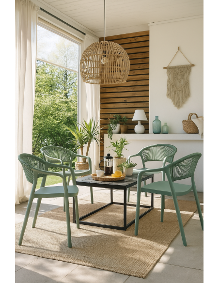 Sillón IBIZA, apilable, tratamiento anti UV, polipropileno y cuerda verde claro