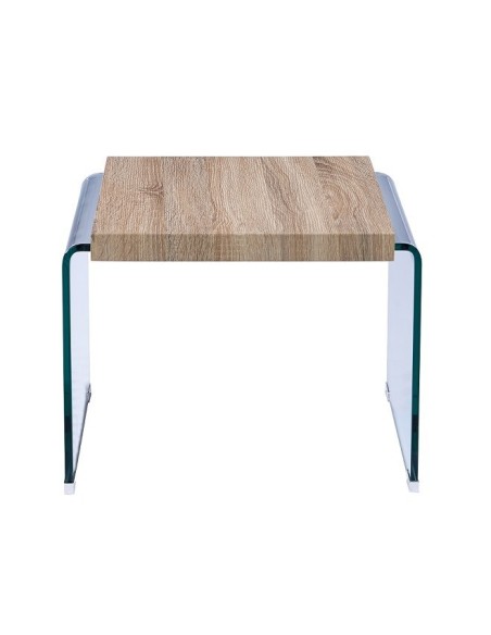 Mesa OSIRIS, baja, madera, cristal curvado, 55x55 cms