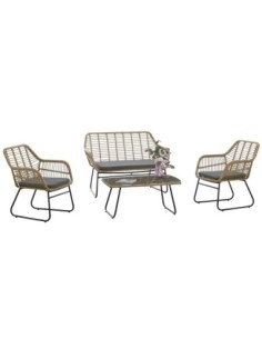 Set KROYA, 2 Sillones + Sofá 2 plazas + mesa, metal, ratán beige, cojines incluidos