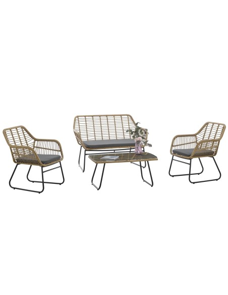 Set KROYA, 2 Sillones + Sofá 2 plazas + mesa, metal, ratán beige, cojines incluidos