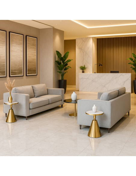 Mesa JASSY BL, baja, dorada, tapa cerámica mármol blanco, 50 cms de diámetro