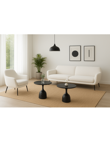 Mesa CAVEZZO, baja, negra, tapa cerámica mármol negro, 50 cms de diámetro