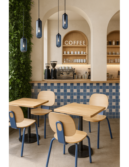 Silla COLMAR, apilable, azul, contrachapado revestido con HPL, color natural